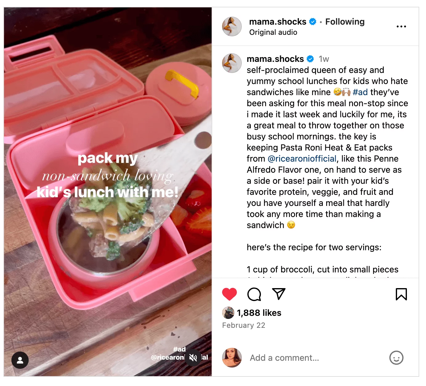 Mama.shocks shares a kid-friendly lunch recipe on Instagram, featuring a pasta meal in a colorful lunchbox
