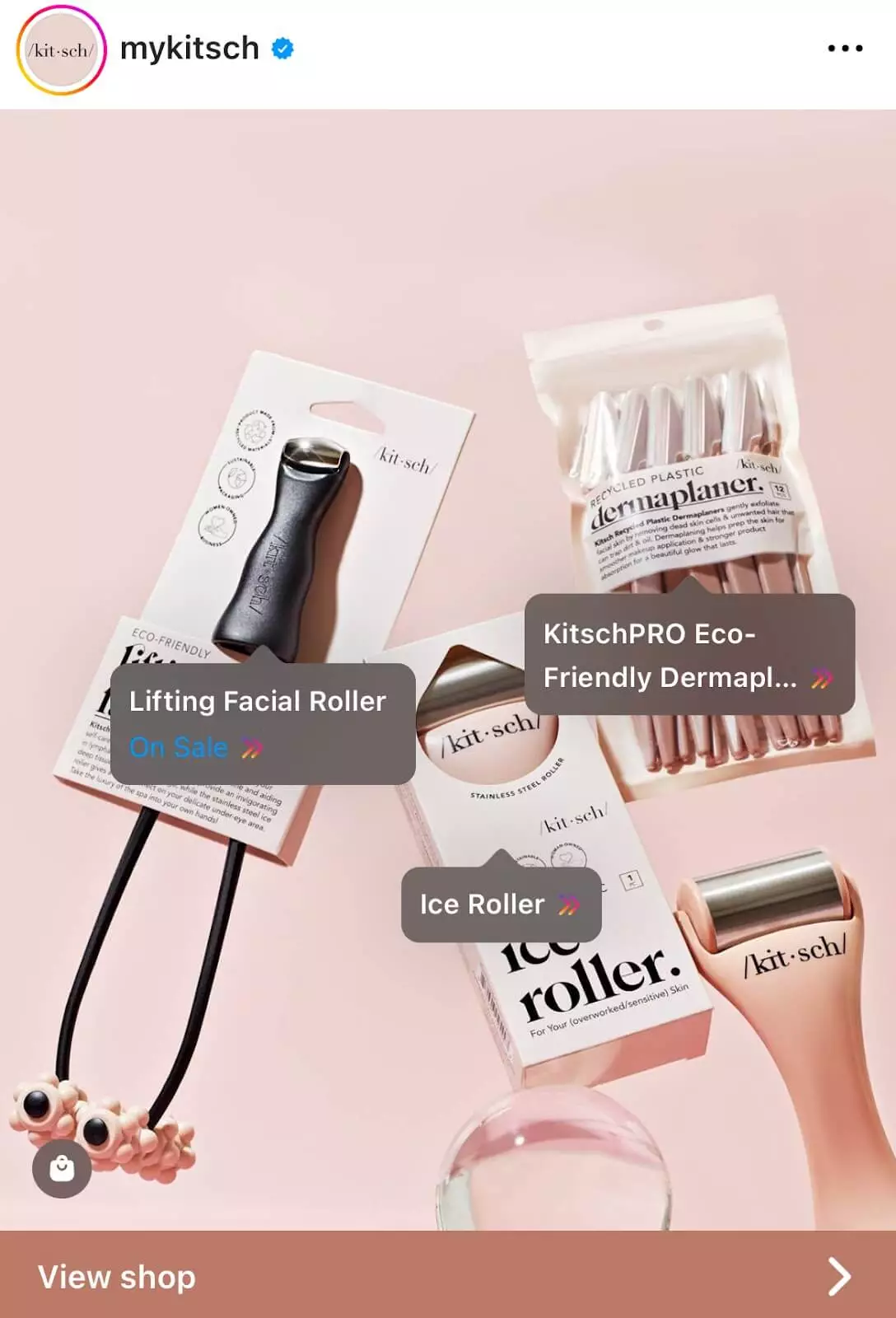 Mykitsch promotes their lifting facial roller, eco-friendly dermaplaner, and ice roller in a sleek Instagram post.