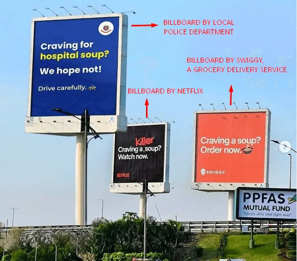 Officialsocialsamosa's ig post saying: "Brands join in the fun with their own version of the soup-perb Billboard banter between Netflix and Swiggy".