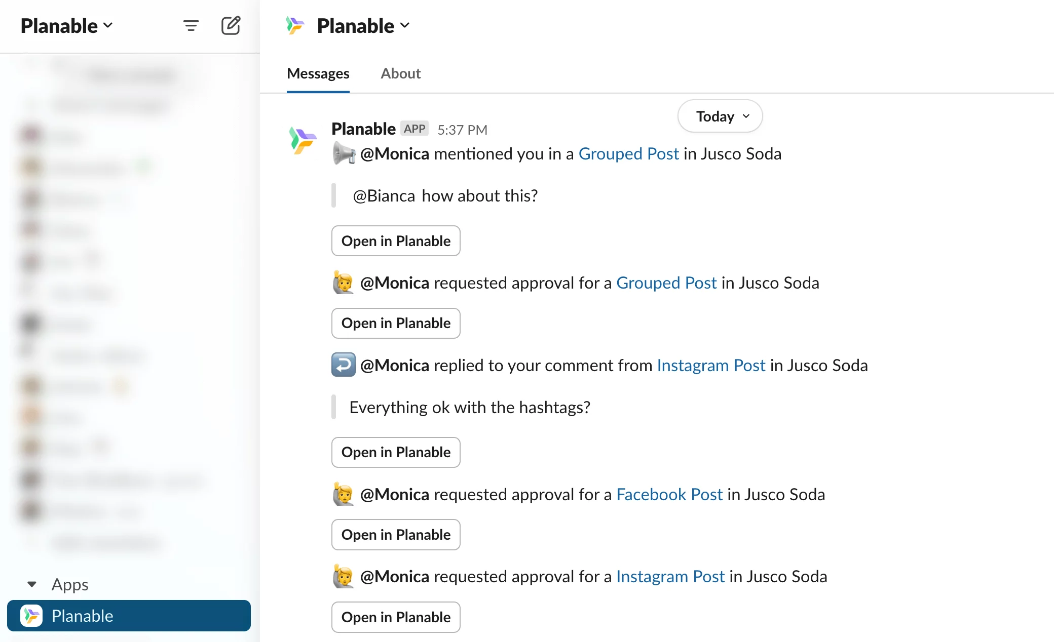 Slack channel showing multiple notifications from the Planable app, with actions such as mentions in social media posts, comment replies, and approval requests.