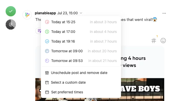 different time options to schedule a threads post in planable