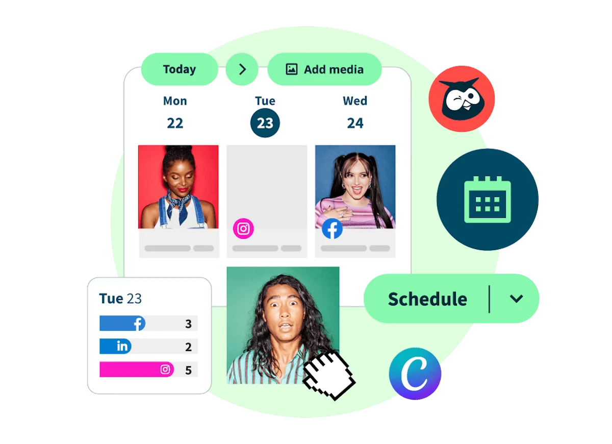 Social media content scheduler showing a weekly calendar with posts for Instagram, Facebook, and LinkedIn, along with media upload and scheduling options.