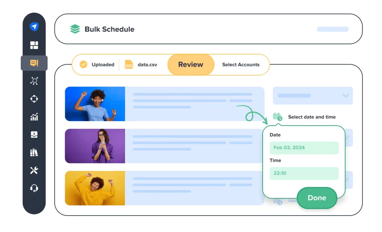 Bulk scheduling interface in SocialPilot showing uploaded posts with images, a review process, and options to select accounts, dates, and times for publishing.