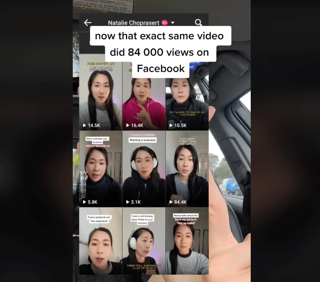 Screenshot of multiple videos by Natalie Choprasert with varying view counts, captioned about a video gaining 84,000 views on Facebook.