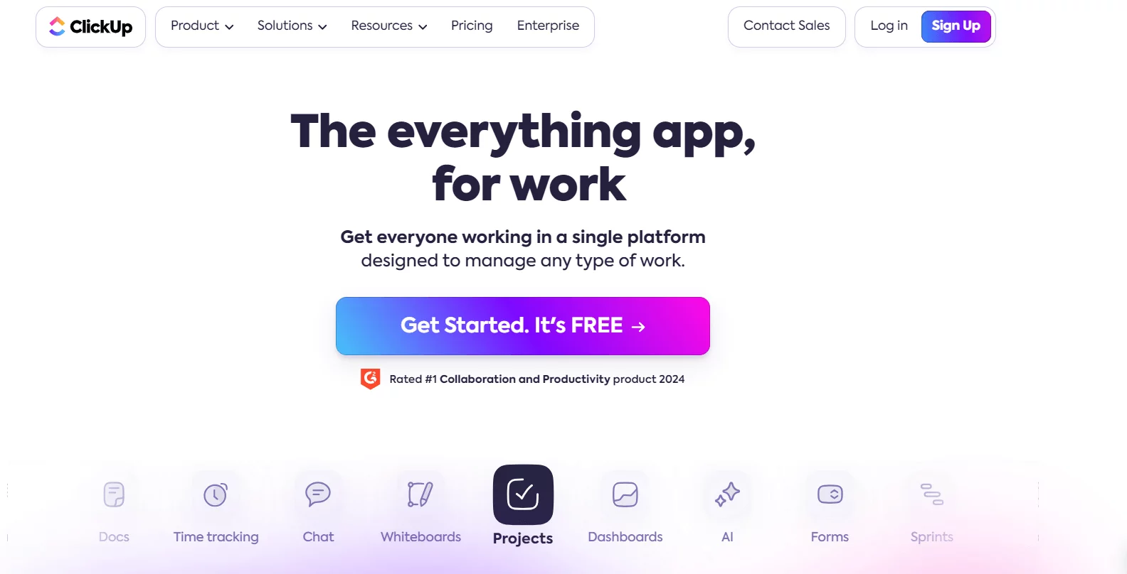 ClickUp homepage promoting itself as "The everything app for work," highlighting features like docs, time tracking, chat, whiteboards, projects, dashboards, forms, sprints, and AI, with a call-to-action to get started for free.