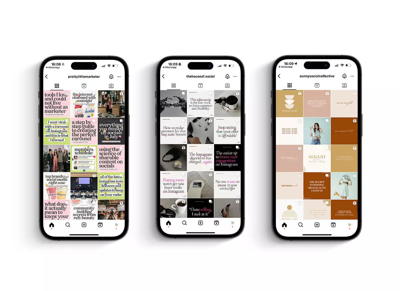 Three smartphones display Instagram profiles of social media influencers, featuring tips, strategies, and motivational content for digital marketers.