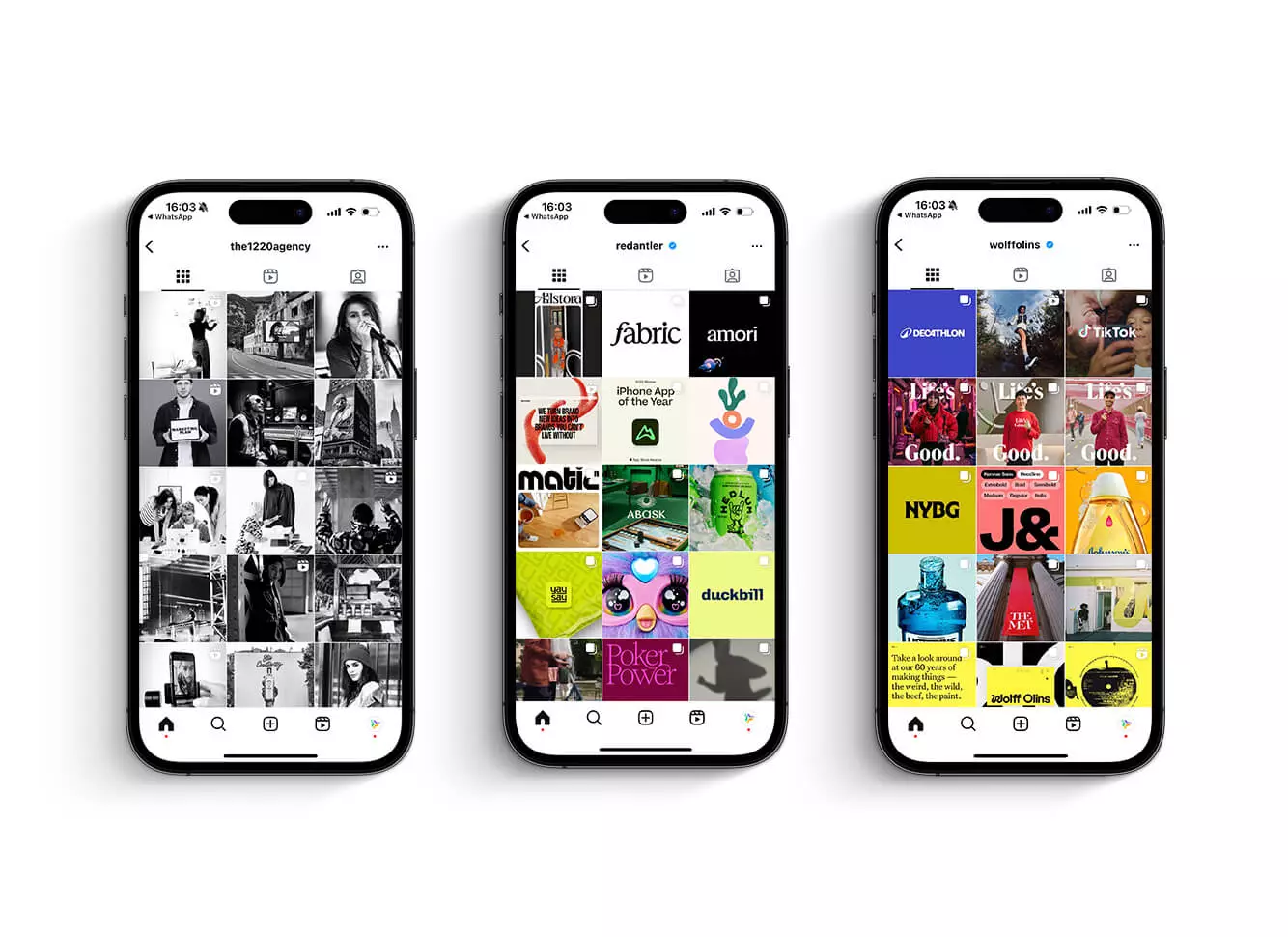 Three smartphones display Instagram profiles of marketing agencies, showcasing various posts with creative visuals and branding projects.