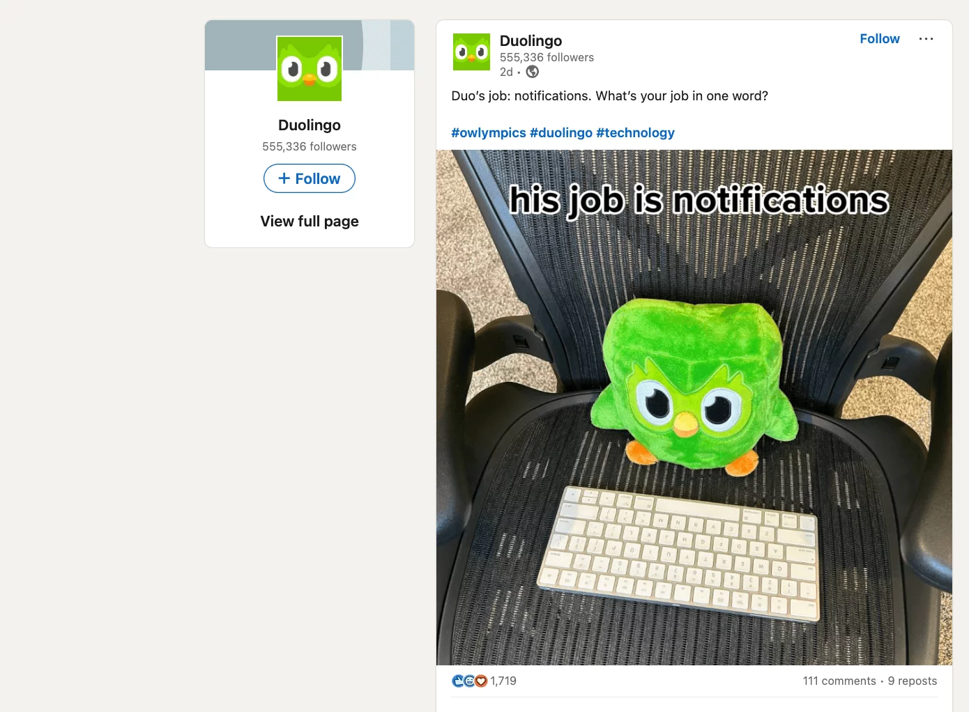 Duolingo LinkedIn post featuring a plush Duo owl sitting on an office chair with a keyboard, captioned "his job is notifications."