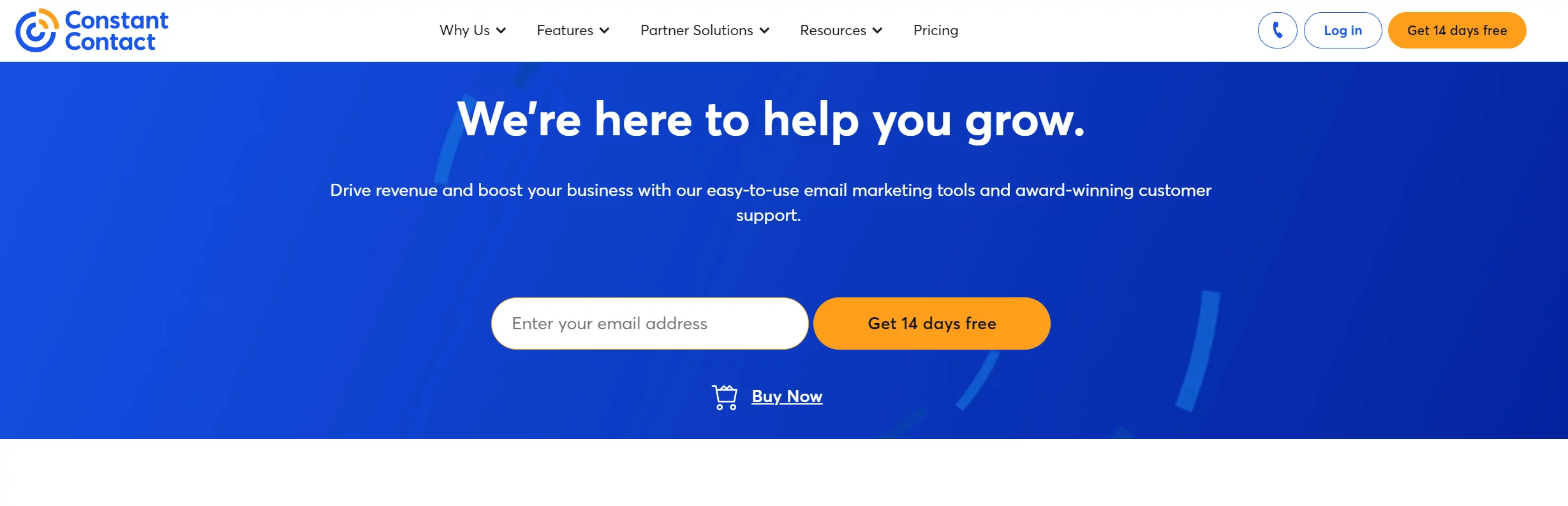 Constant Contact homepage promoting email marketing tools with a focus on helping businesses grow, offering a 14-day free trial sign-up.