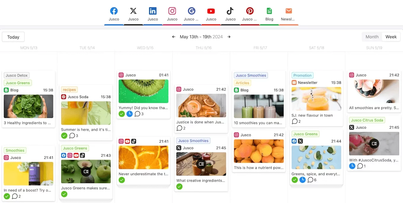 Integrated content calendar in Planable with social media posts, blogs, and newsletters featuring smoothies, greens, and citrus-themed promotions.