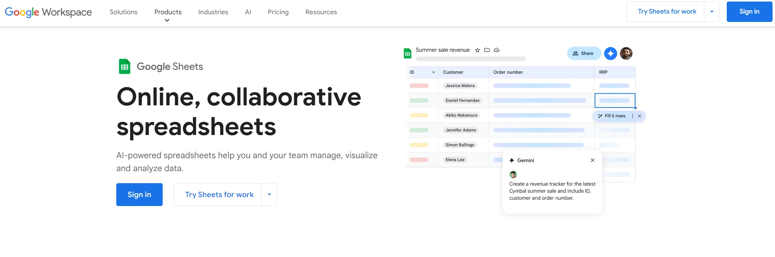 Google Sheets webpage showcasing online collaborative spreadsheets with AI-powered features for managing, visualizing, and analyzing data.