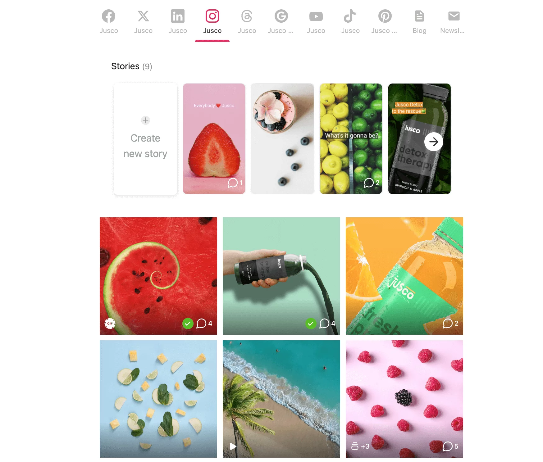 Instagram grid showcasing in Planable various story posts and images of smoothies, juices, tropical beach, and a child helping in the kitchen.