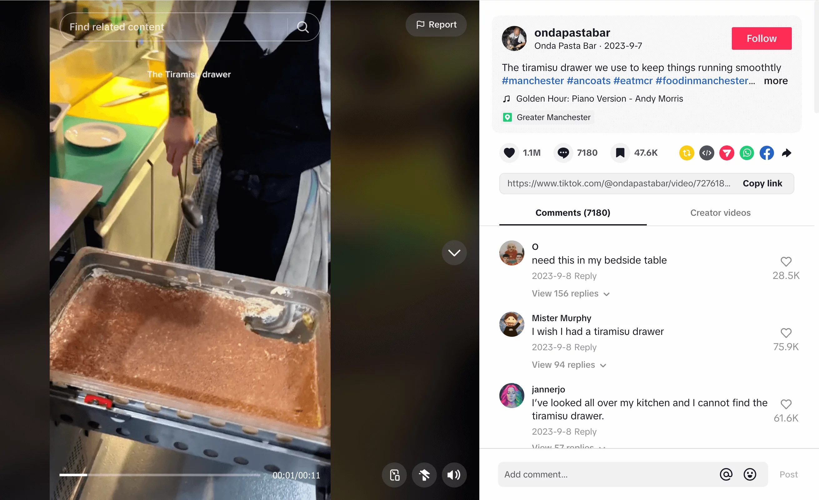 ondapastabar tiktok post showing a video with a chef that pulls out a large kitchen drawer filled with tiramisu. The video caption calls it "The Tiramisu drawer." Comments express envy and humor.