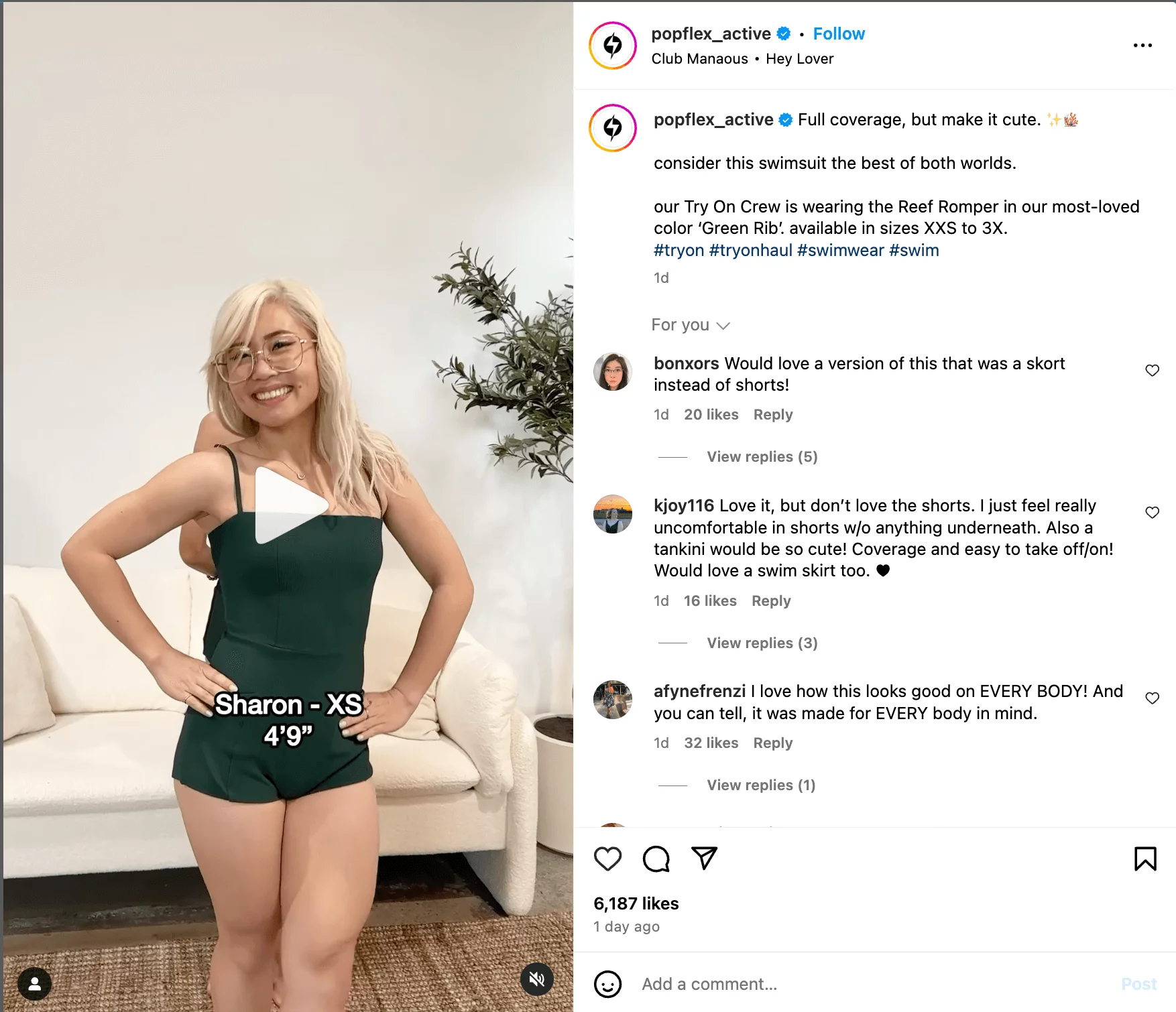 popflex_active IG post showing a woman modeling a green romper swimsuit stands smiling with hands on hips. The text overlay shows "Sharon - XS 4'9"." 