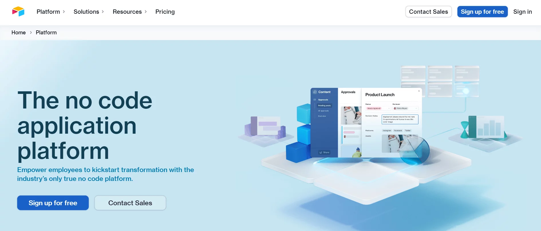 Airtable platform page highlighting its no-code application with visuals of workflow management, approvals, and content organization tools.