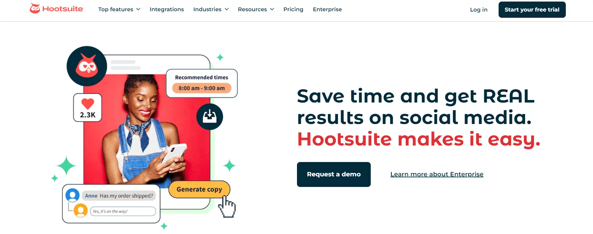 Hootsuite homepage banner showing a woman using a phone with pop-ups highlighting recommended posting times, likes, and messaging features.