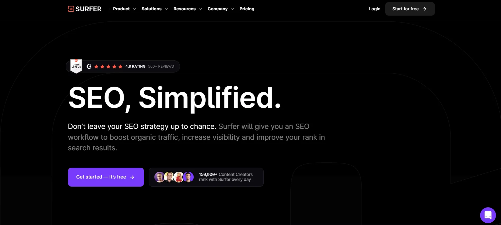 Surfer homepage banner promoting simplified SEO tools with bold text, a high user rating, and a call to action to start for free.