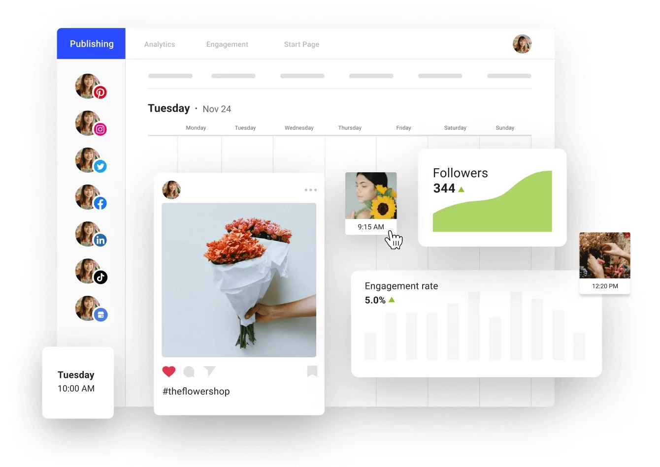 Social media scheduling dashboard in Buffer displaying post previews, follower growth, and engagement rate analytics for a flower shop account.