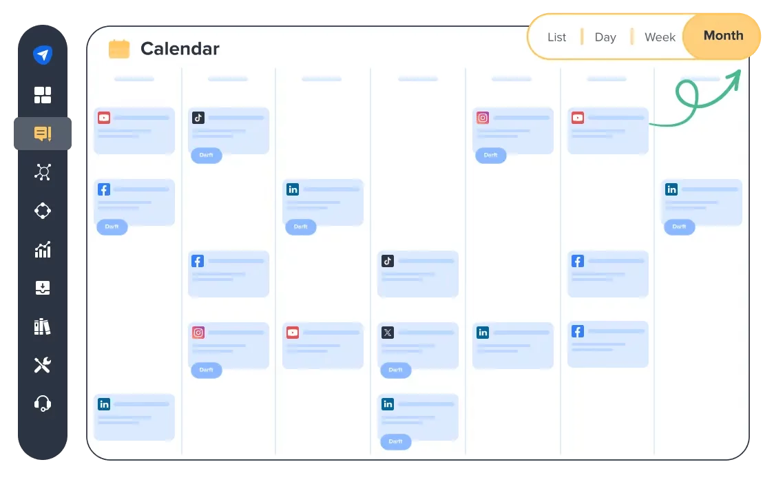 Social Pilot's social media content calendar in monthly view displaying scheduled drafts for posts across multiple platforms like LinkedIn, Facebook, and Instagram.