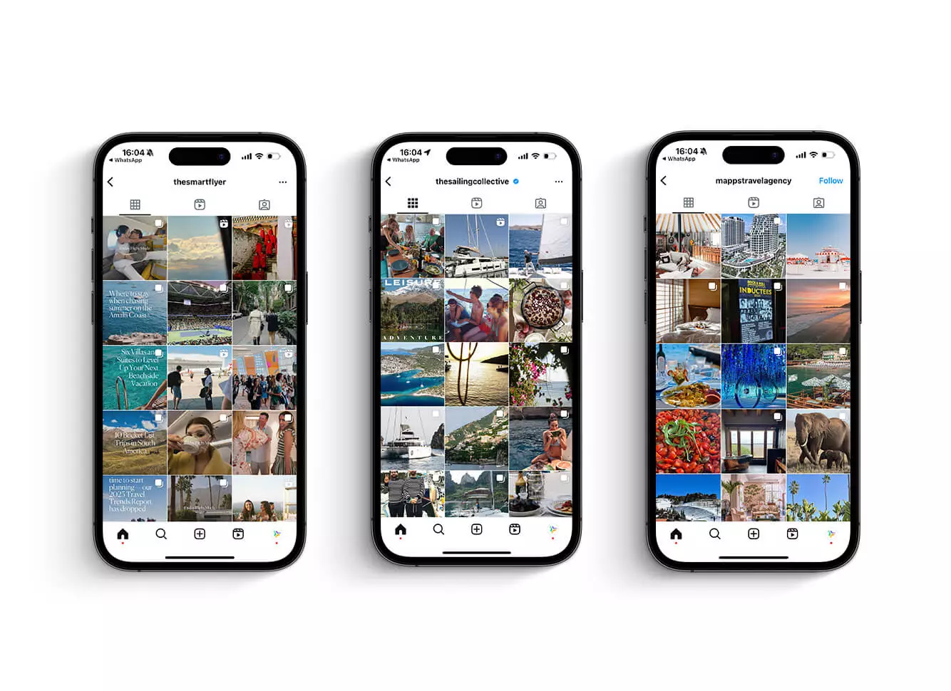 Three smartphones show Instagram profiles of travel agencies, featuring posts with scenic destinations, travel experiences, and vacation inspiration.