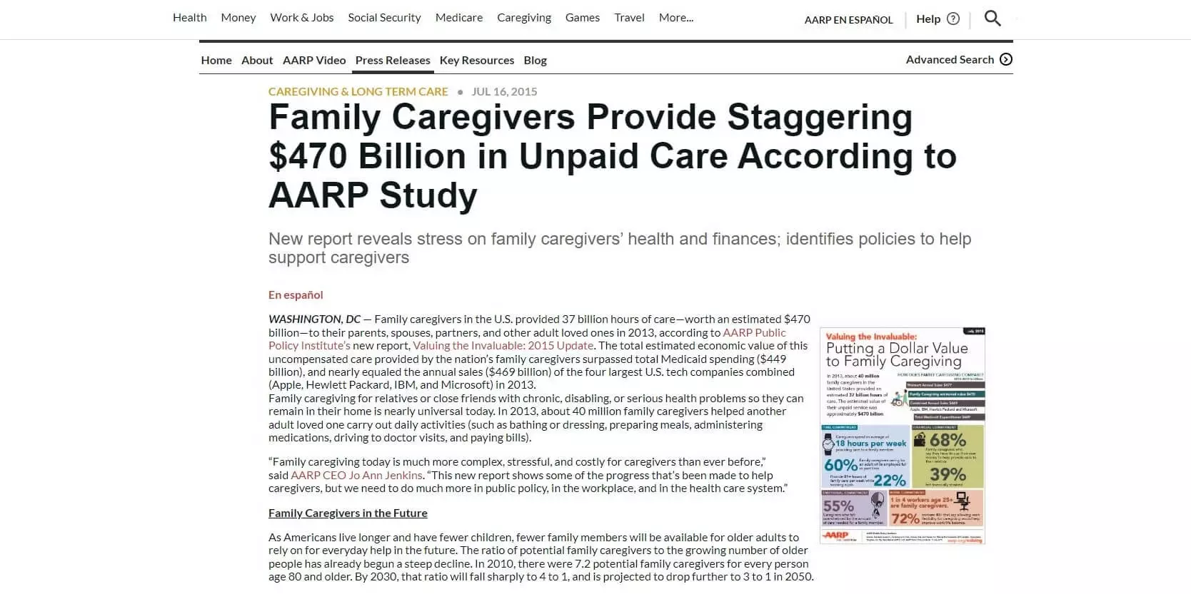 AARP report headline about family caregivers providing $470 billion in unpaid care, highlighting the economic and emotional impact.