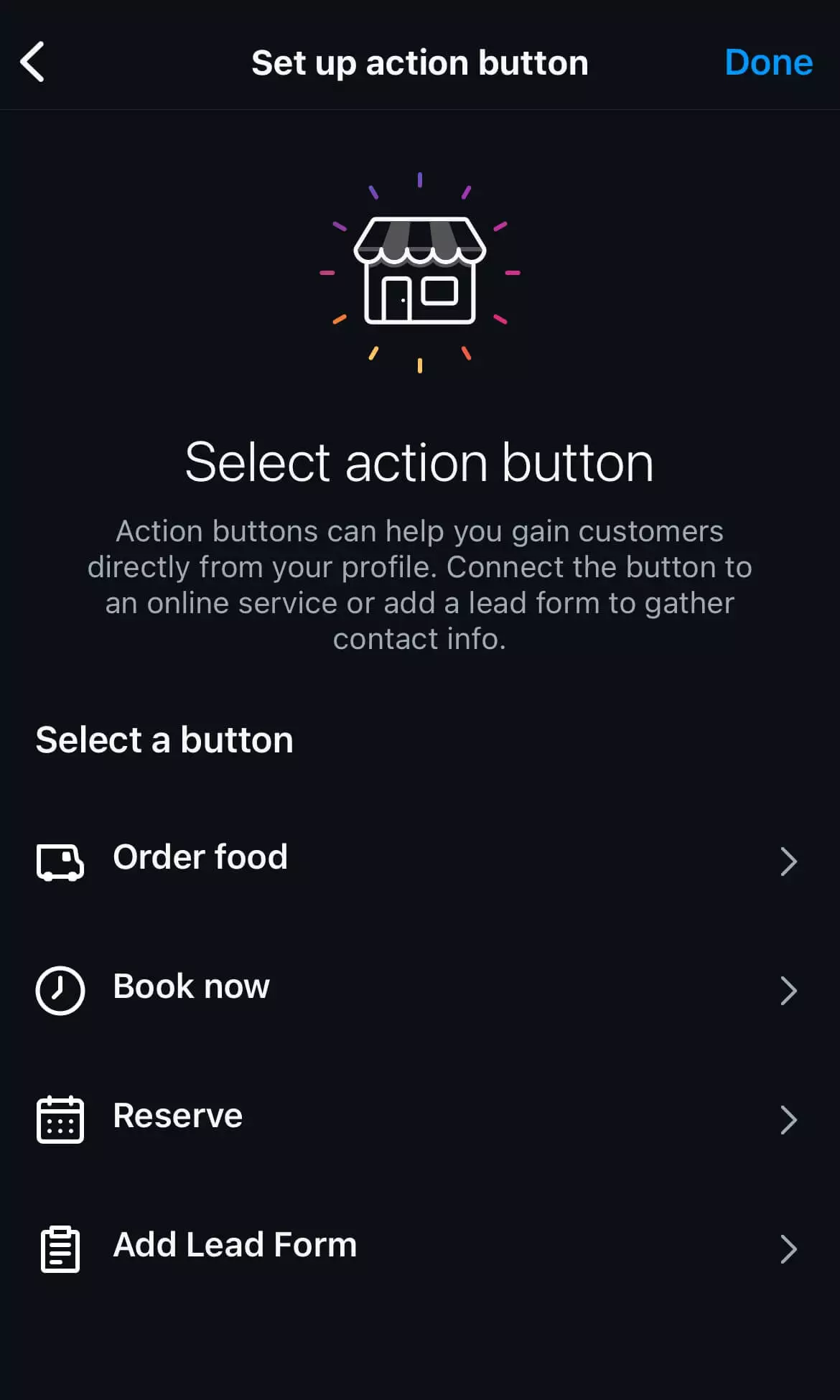 Instagram action button setup screen with options to order food, book now, reserve, or add a lead form for customer engagement.