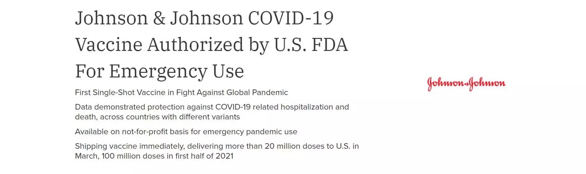 Johnson & Johnson COVID-19 vaccine authorized by U.S. FDA for emergency use, emphasizing single-shot efficacy and immediate distribution.