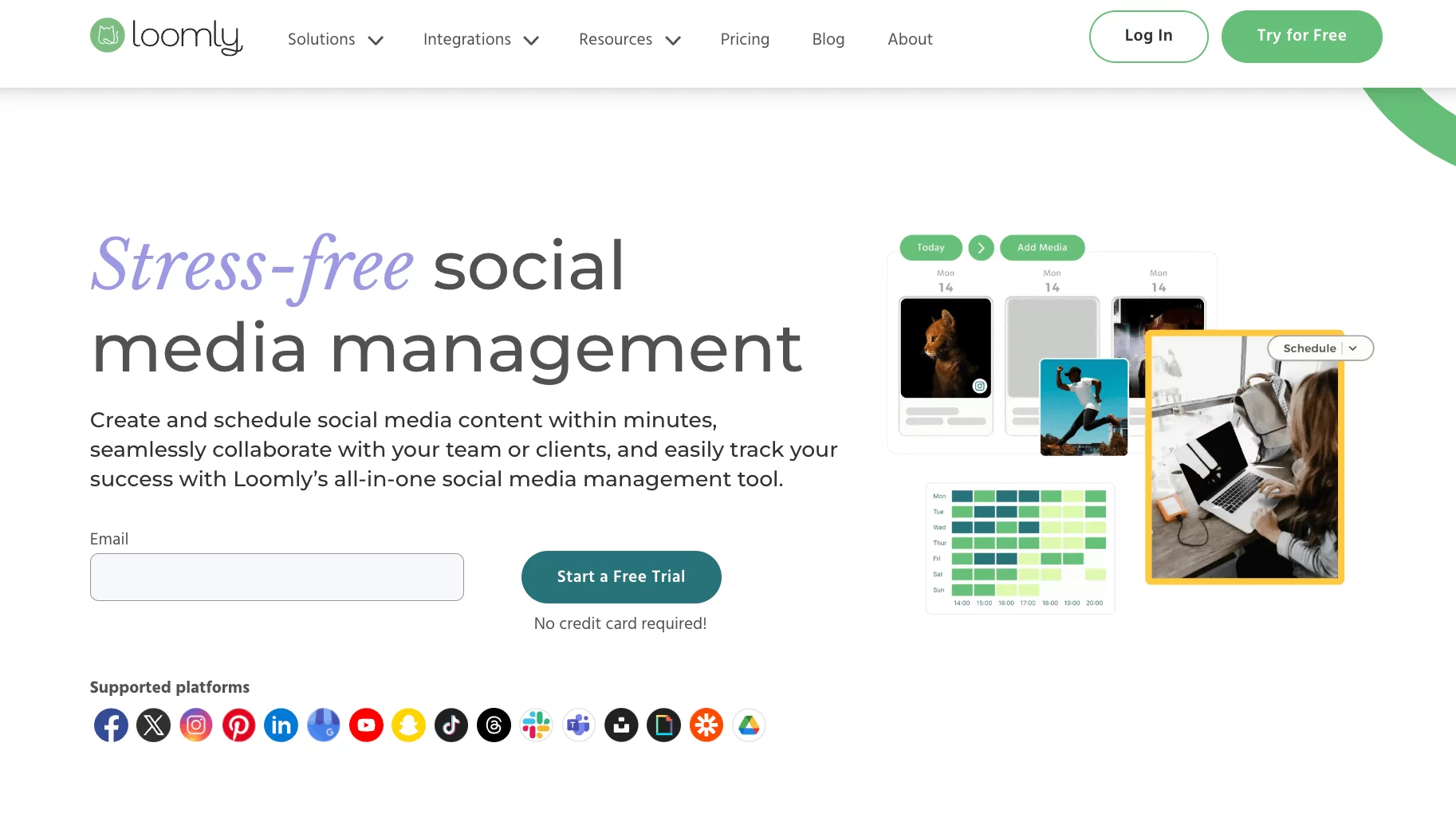 Loomly's homepage promoting stress-free social media management with content scheduling, collaboration tools, and platform integration icons.