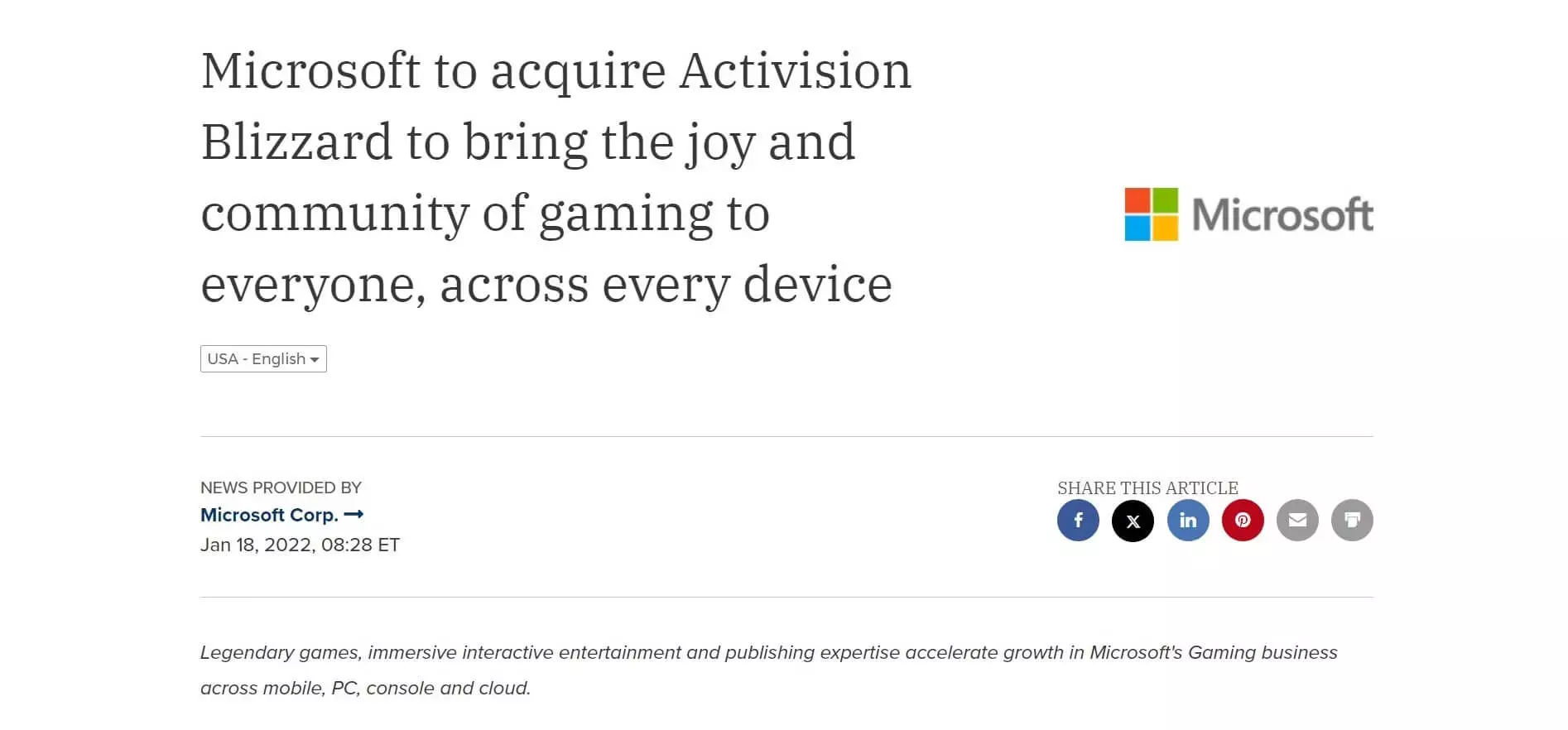 Microsoft announcement of plans to acquire Activision Blizzard to expand gaming across devices, emphasizing community and entertainment.