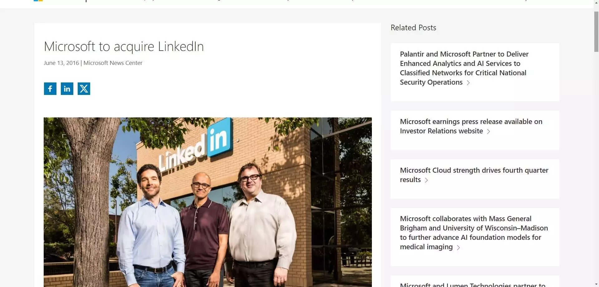 Microsoft CEO Satya Nadella with LinkedIn executives in front of LinkedIn office, announcing Microsoft's acquisition of LinkedIn.