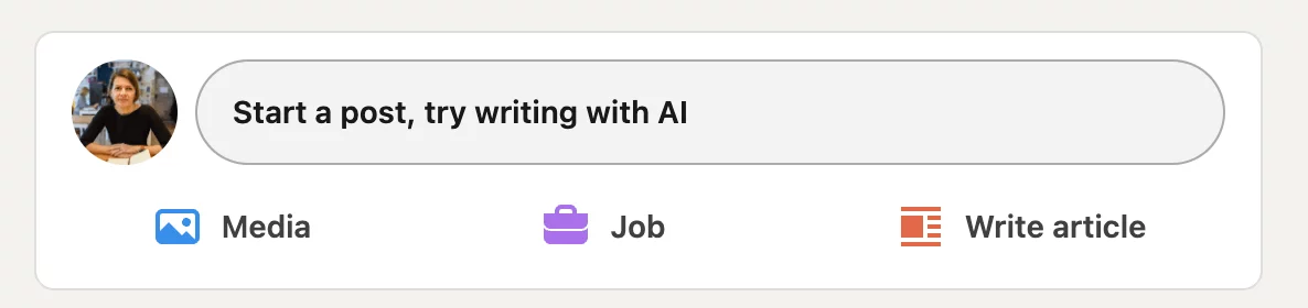 LinkedIn post creation prompt offering options to add media, post a job, or write an article, with a user profile picture displayed.