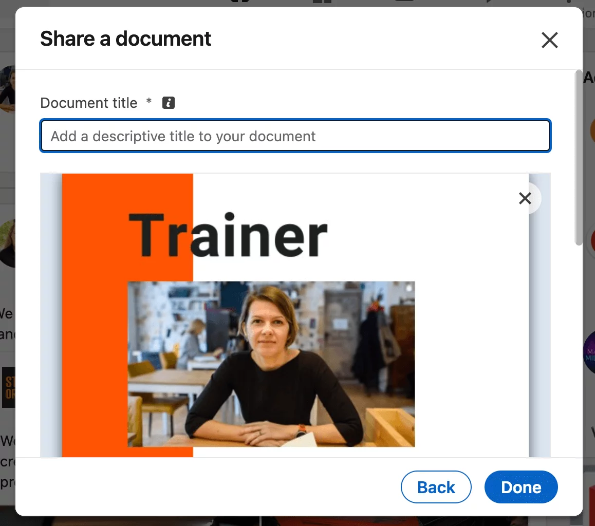 Document sharing window displaying a document with the title "Trainer" and an image of a woman seated at a desk in a professional setting.