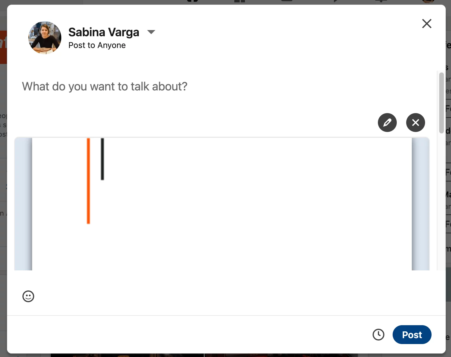 LinkedIn post creation window with an attached document preview, showing a partial vertical line in orange and black. Post options are visible at the bottom.