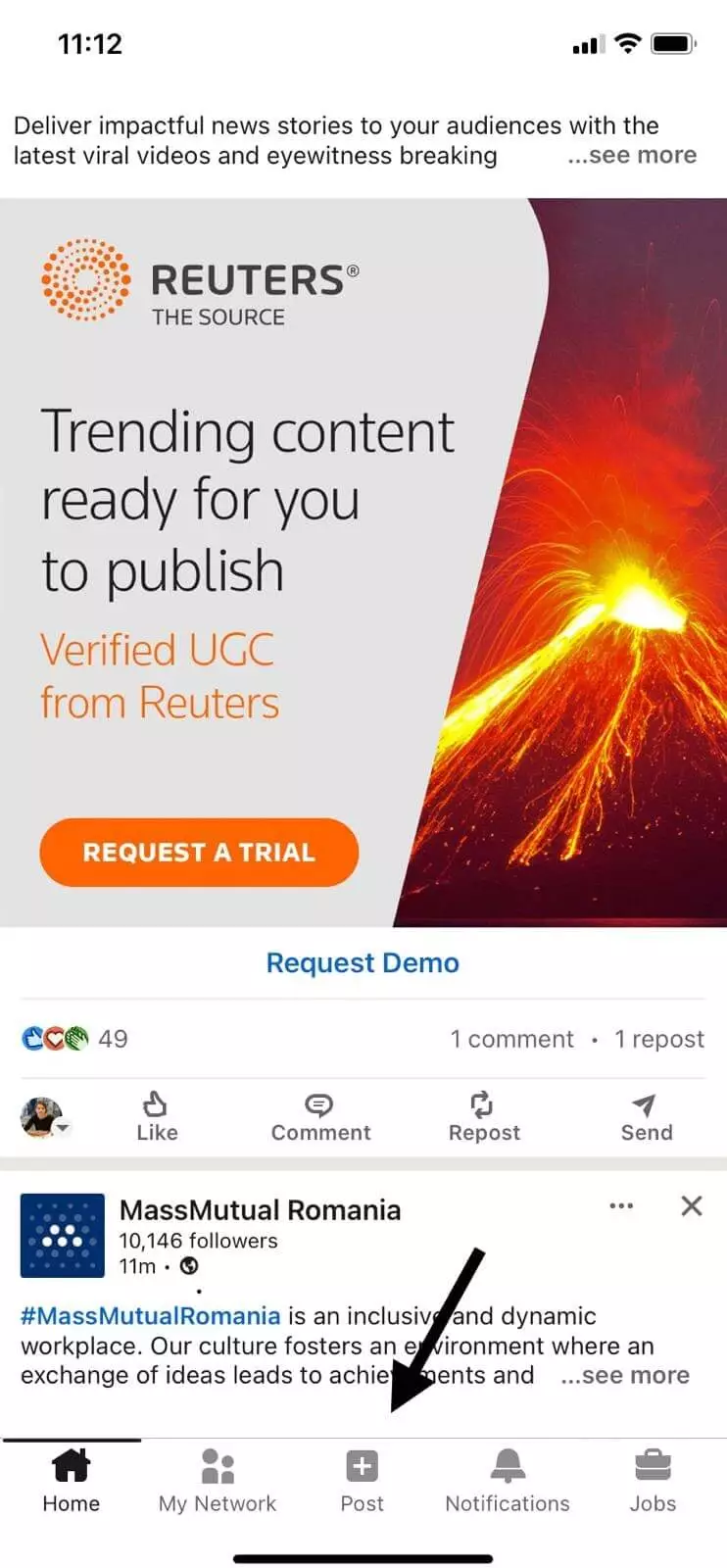 LinkedIn mobile interface showing a Reuters ad for trending content with a volcano image, followed by a MassMutual Romania post about workplace culture.