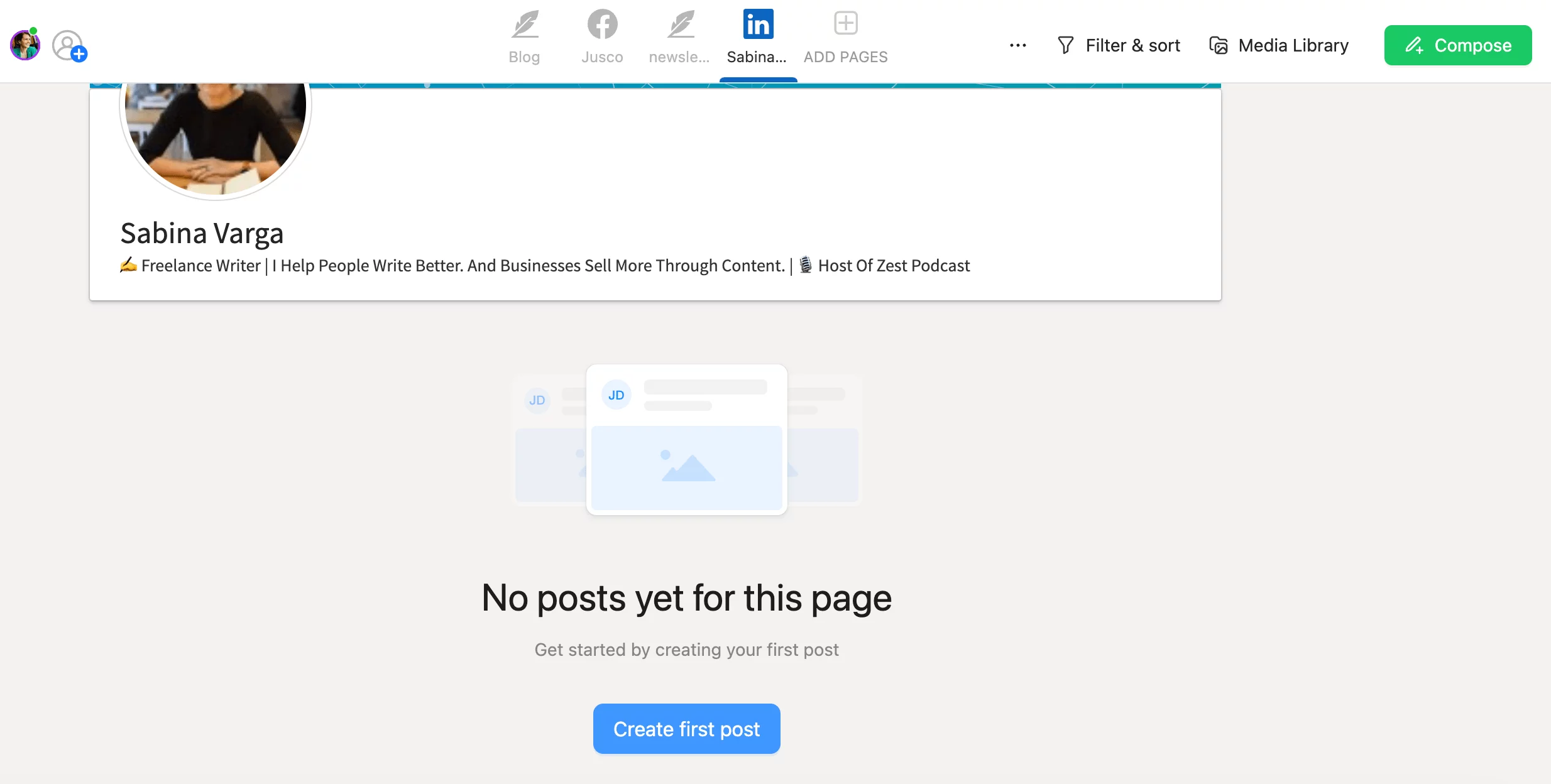 Dashboard view of Sabina Varga's LinkedIn page in Planable with no posts yet, offering the option to "Create first post" for the page.