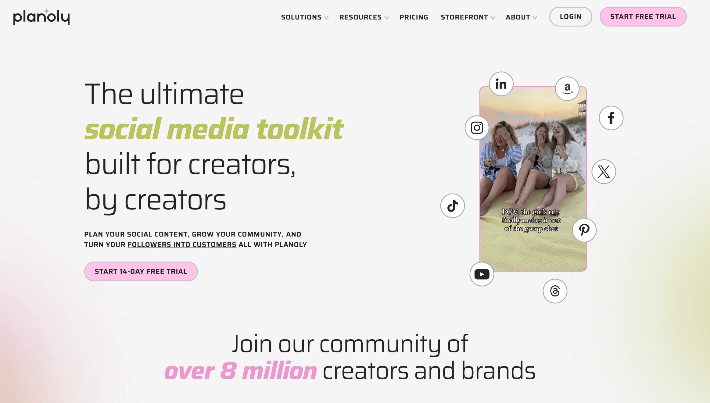 Planoly's homepage as a social media toolkit for creators, with icons of popular social platforms and an image of friends on a beach.