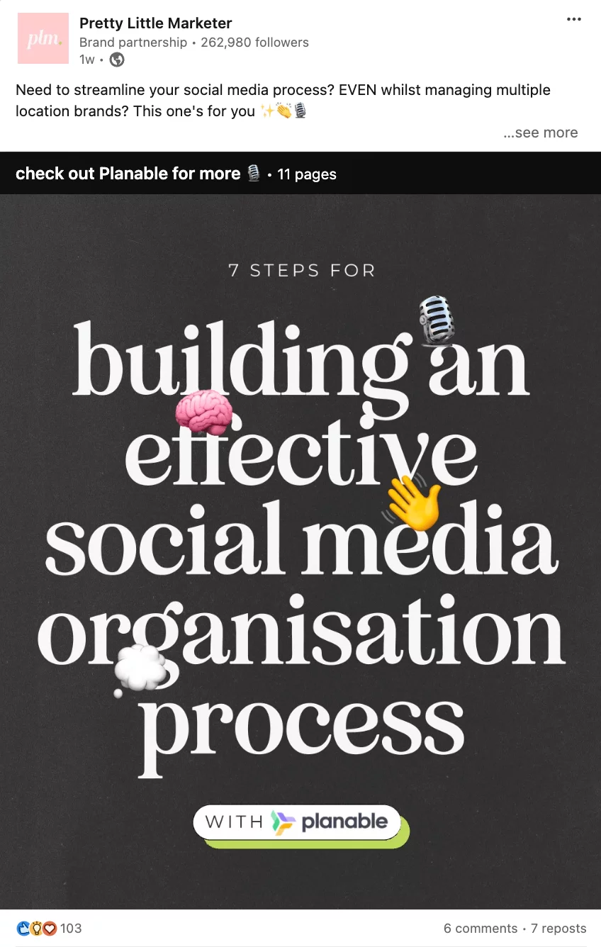 Promotional post by Pretty Little Marketer highlighting Planable's 7-step guide for building an effective social media organization process.