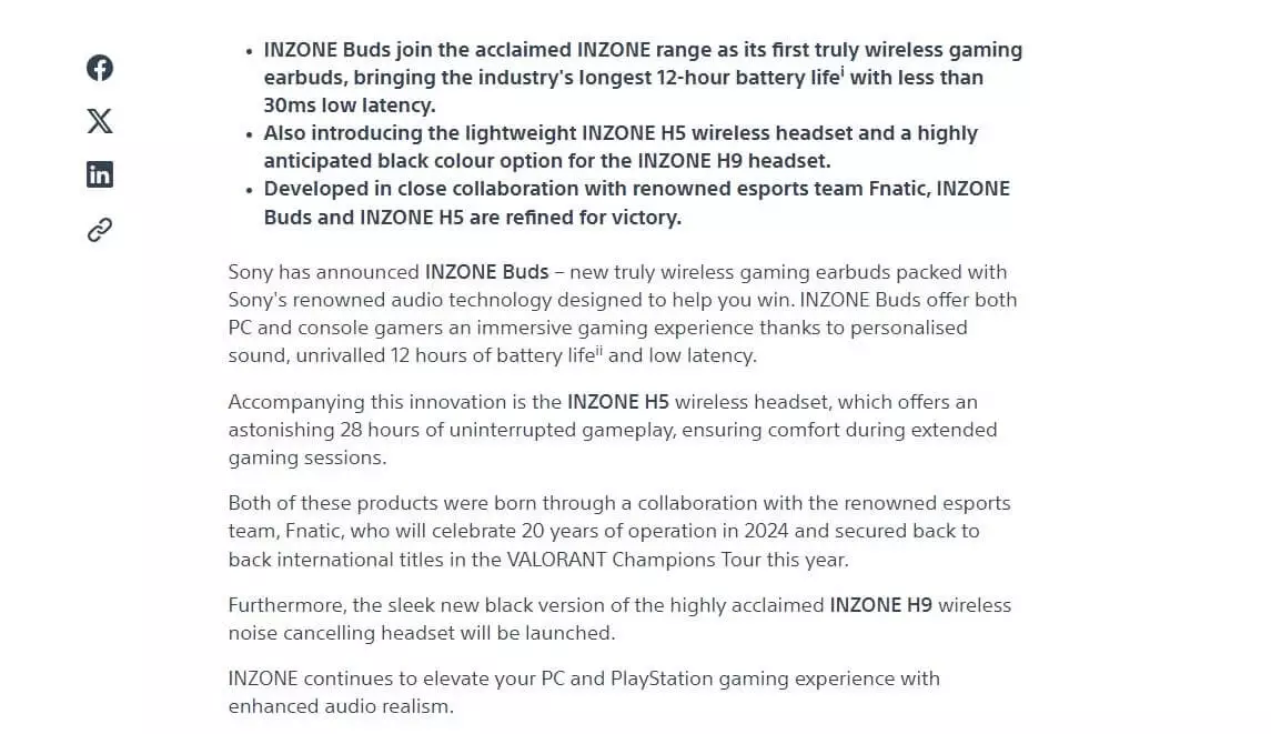 Sony announces INZONE Buds and INZONE H5 wireless headset for gaming, developed with Fnatic, featuring long battery life and low latency.