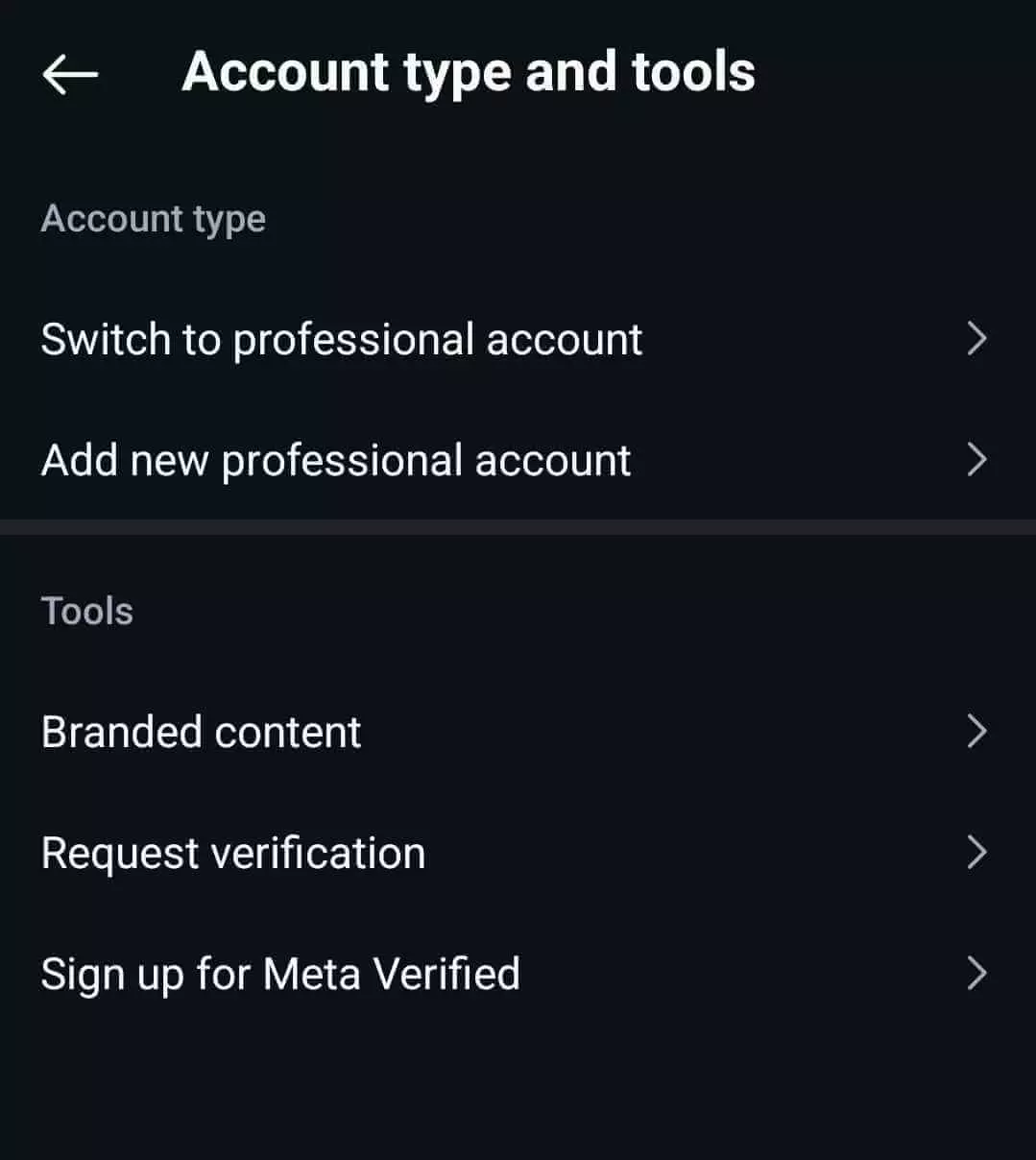 Instagram account settings showing options to switch to or add a professional account, manage branded content, request verification, and sign up for Meta Verified.