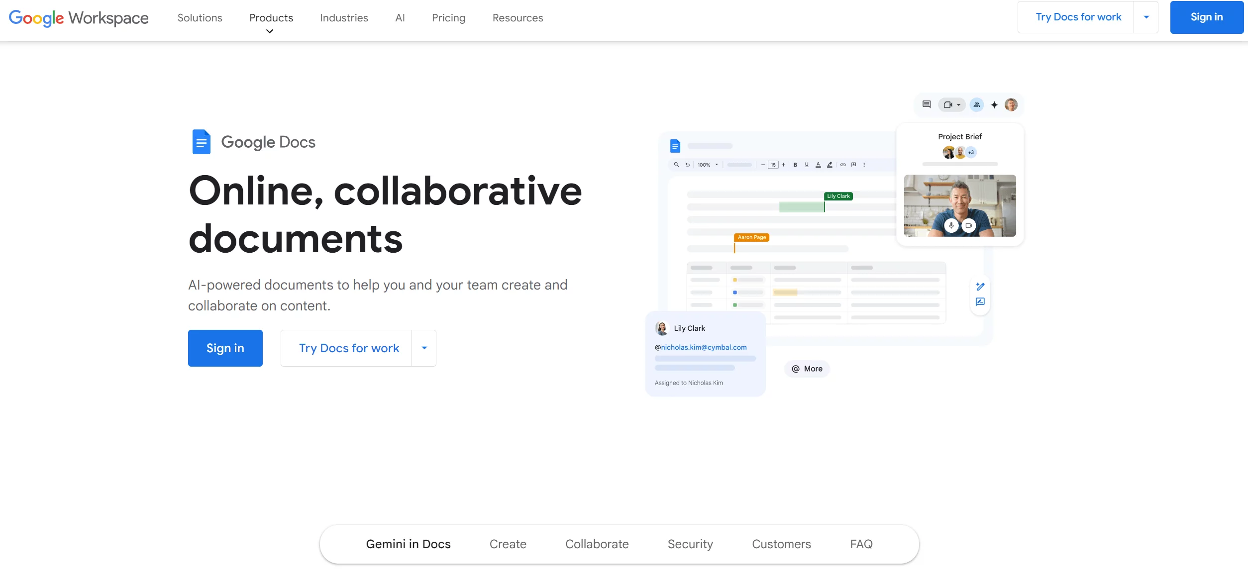 Google Docs homepage highlighting online collaborative document creation with AI-powered features for teamwork and content management.