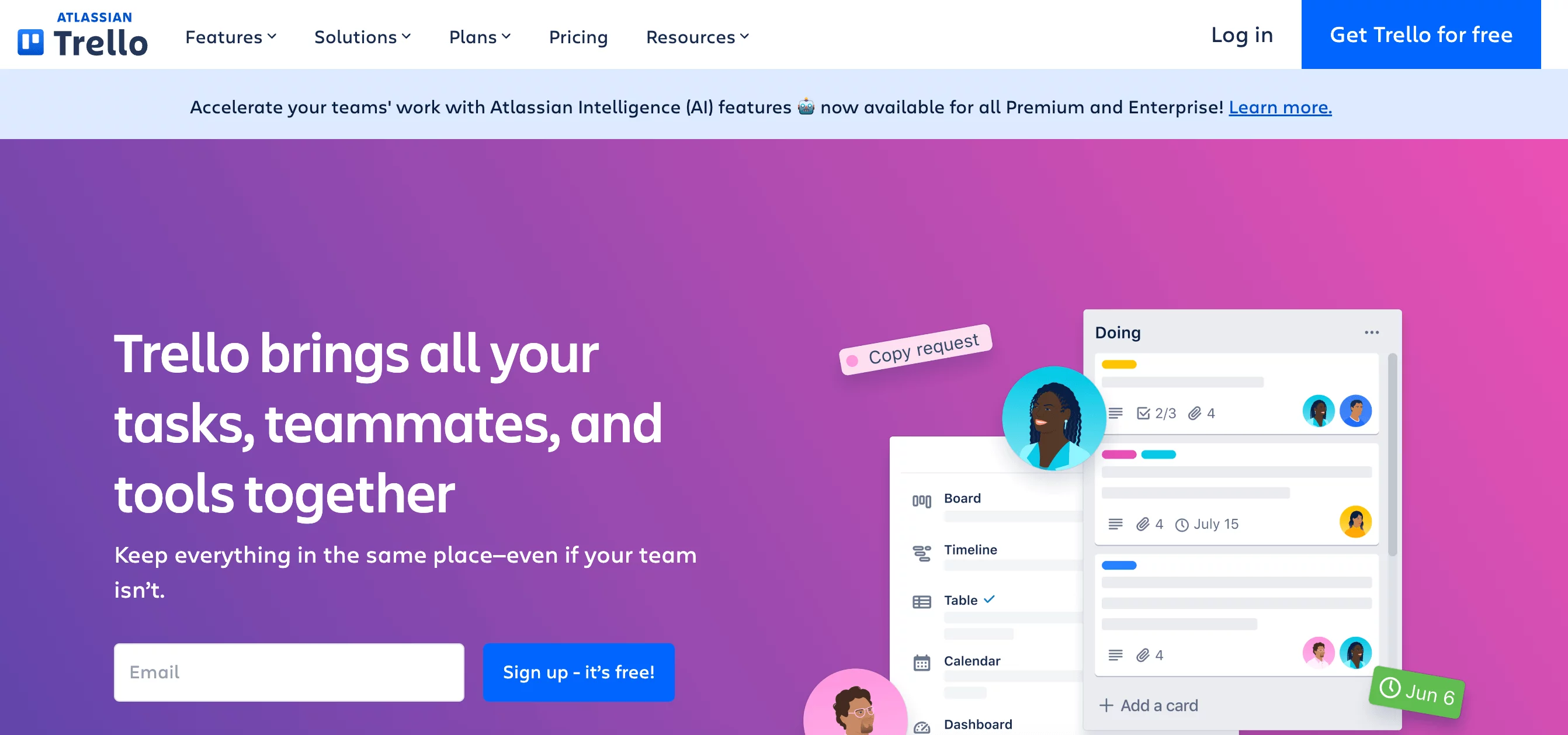 Trello homepage showcasing its platform for organizing tasks, teams, and tools with features like timelines and collaboration.