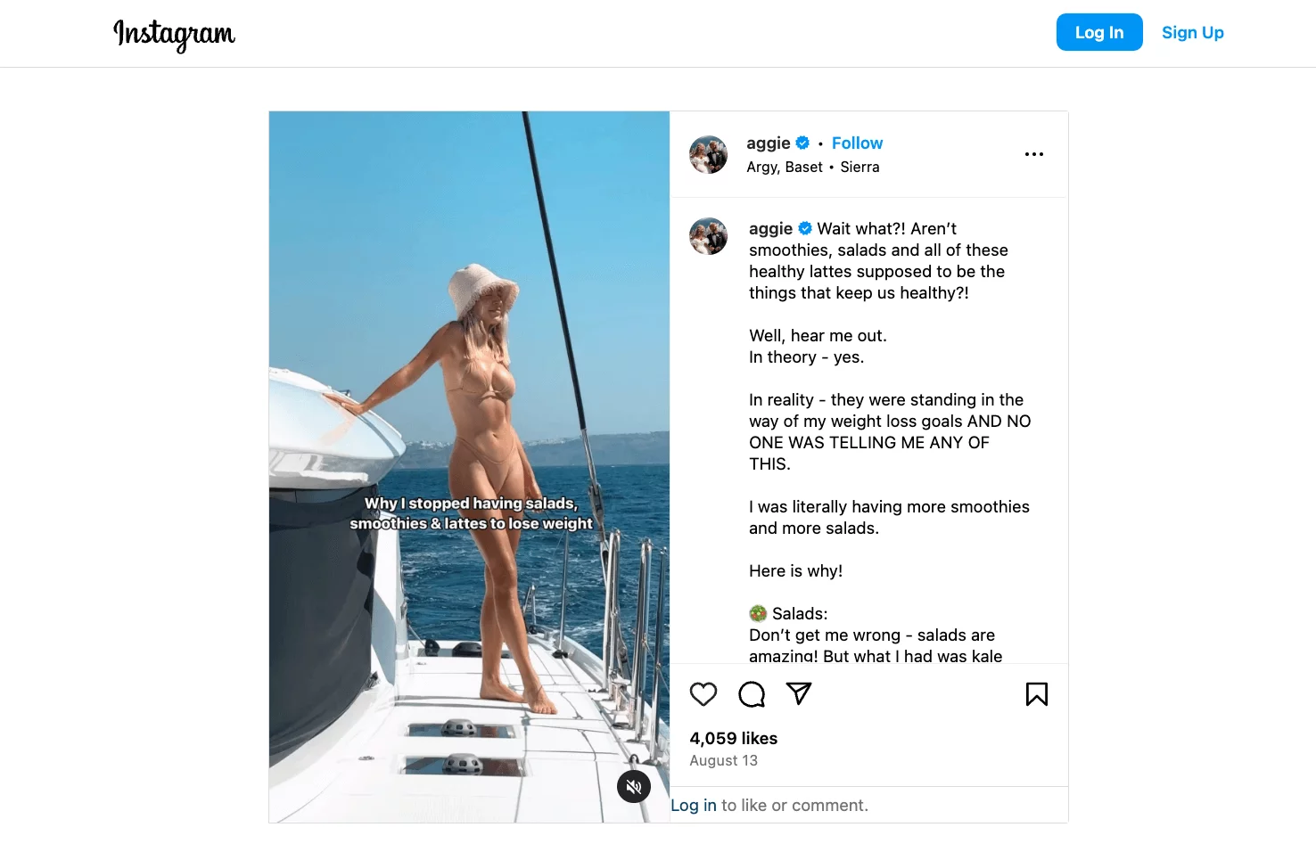 A woman in a bikini on a yacht discussing why she stopped consuming salads, smoothies, and lattes to achieve her weight loss goals, shared by Aggie.