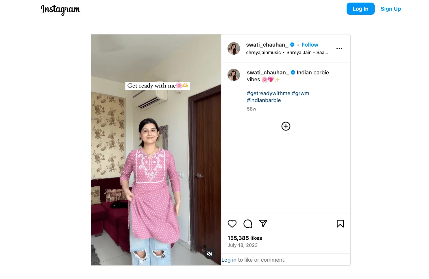 A woman wearing a pink kurta in a "Get Ready with Me" video, sharing her look and captioned with "Indian Barbie vibes." shared by swati_chauhan