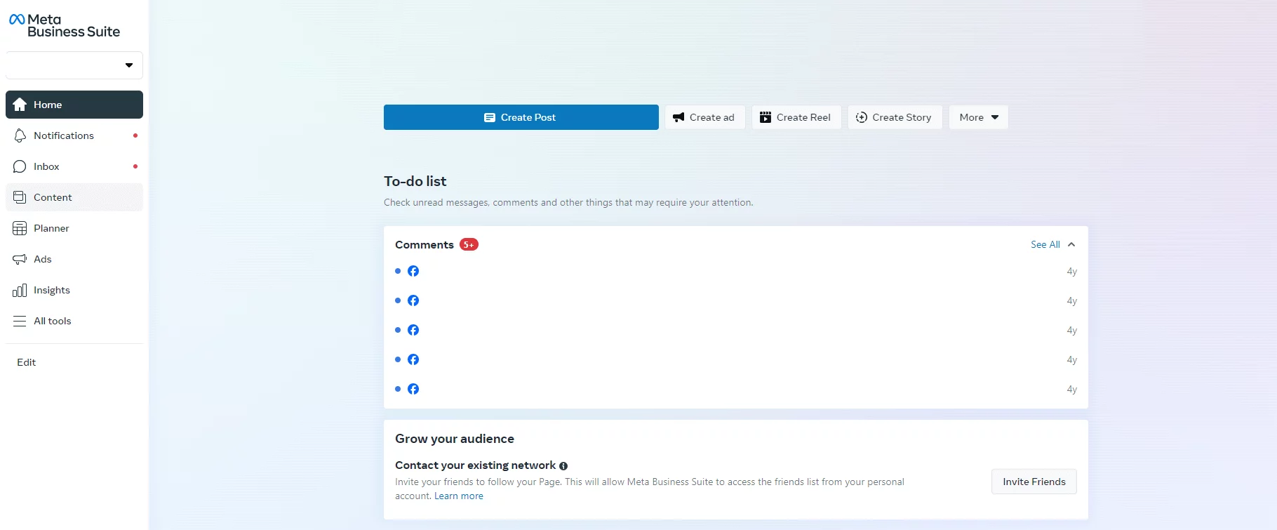 Meta Business Suite dashboard displaying a to-do list with unread comments, and options to create posts, ads, reels, or stories.