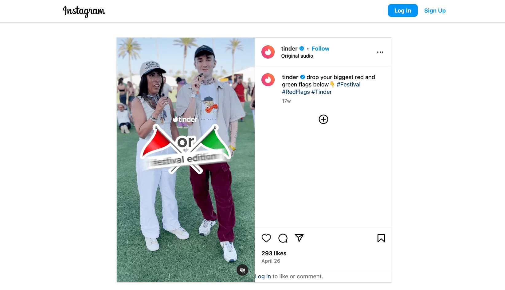 tinder's IG post showing two people at a festival participating in Tinder's "Red Flag or Green Flag" challenge, asking followers to share their relationship red and green flags.