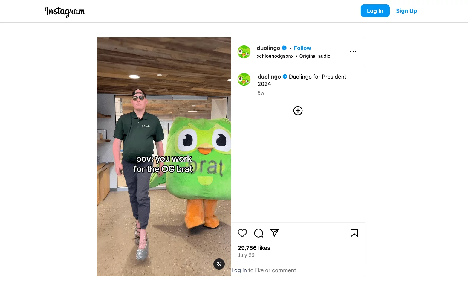 A Duolingo employee confidently walks alongside the Duolingo mascot in a playful video with the caption "Duolingo for President 2024."