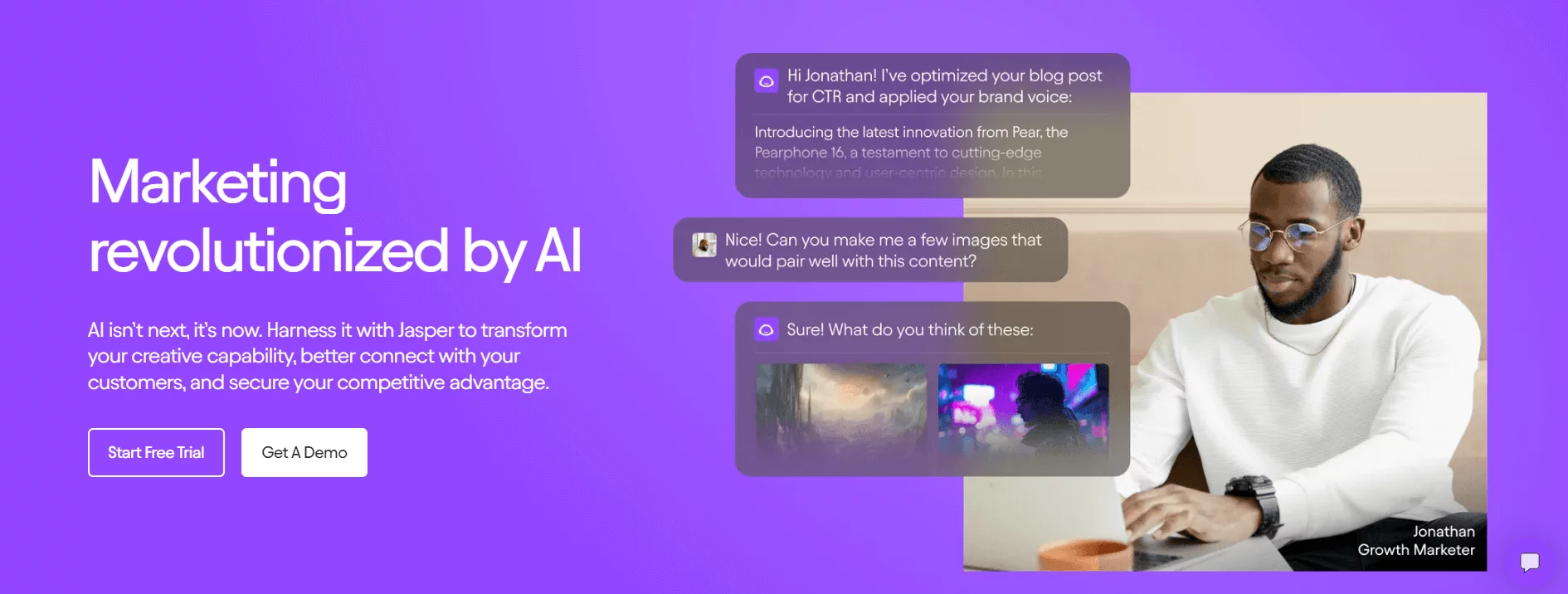 Jasper AI landing page showcasing its AI-powered marketing tools with a conversation about optimizing blog posts and generating images, encouraging users to start a free trial or get a demo.