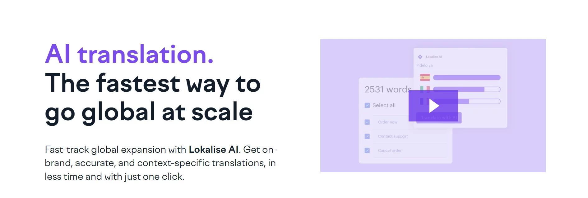 AI translation service by Lokalise offering fast, accurate, and scalable global translations with a "Translate with AI" interface shown.