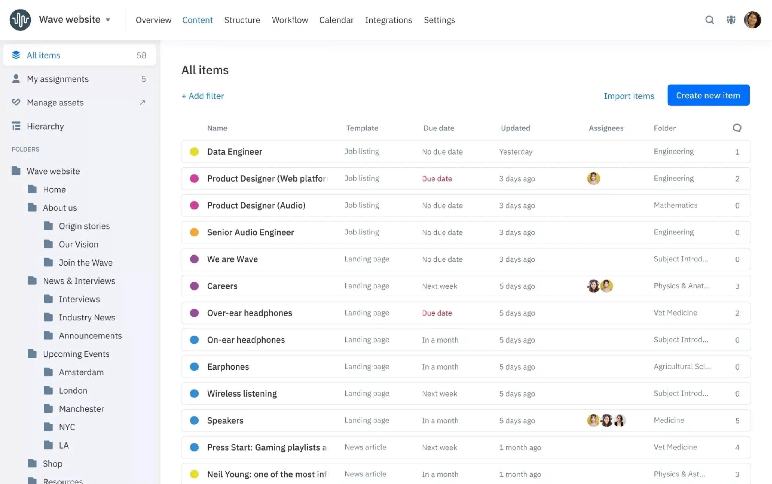 Content management dashboard in GatherContent displaying a list of items, including job listings and landing pages, with due dates and assigned team members.