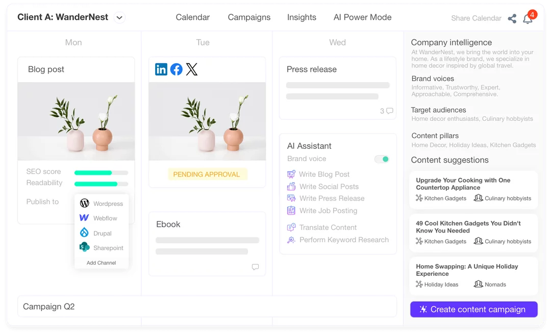 Content management dashboard for WanderNest client showing scheduled blog posts, press releases, and content suggestions with AI assistant tools.